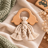 Anneau de dentition voiture en bois et macramé, hochet DIY bébé