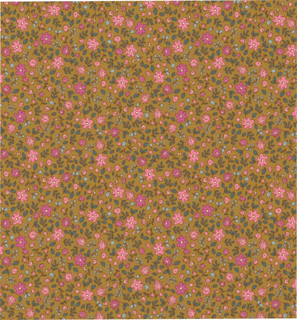 Tissu Popeline Coton – Motif Fleurs Havane et Rose