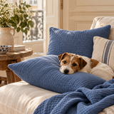 Coussin en double-gaze de coton bleu orage avec un chien dans un intérieur parisien chaleureux